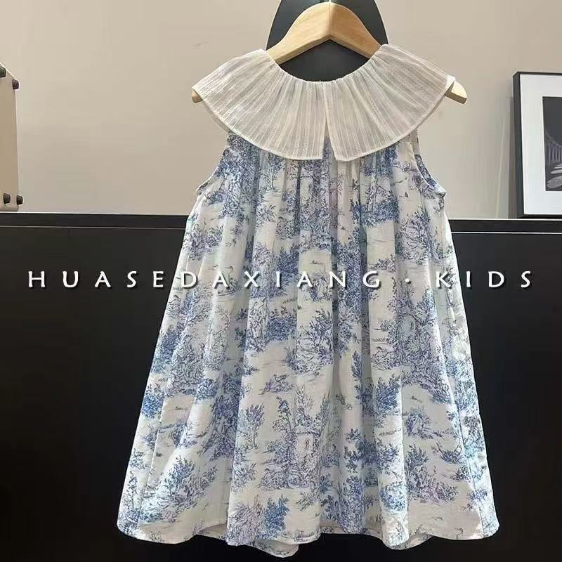 Girls' National Style Printed Vest Dress 2026 Summer Turn-Down Collar Dress Children's Dress Girl's Pastoral Style for Young Children