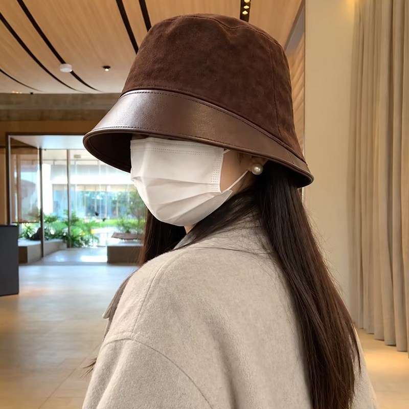 Patchwork Leather Brim Bucket Hat for Women, Spring and Autumn, Large Head Circumference, Makes Face Look Smaller, High-End Feel, Stylish Plain Fisherman Hat