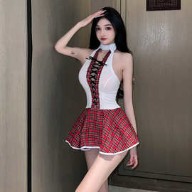 红格连体学生装性感游戏制服主播直播穿衣服上镜视频表演服装代发