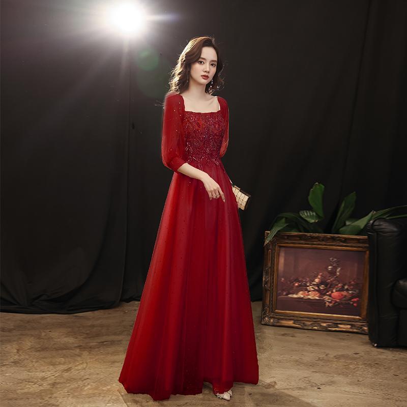 Vestido de Noche Color Champán para Banquete, Nuevo Modelo Otoño 2025, Elegante Vestido de Manga Larga para Presentadora o Actuación