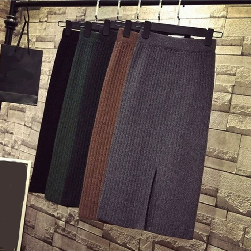 Осень 2021 Новая Мода в Корейском стиле приталенная вязаная юбка для похудения с разрезом