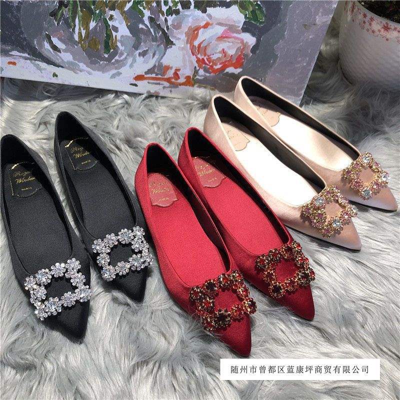 Z Flats Women's 2025 Spring & Fall New Pointed Toe Flats Wedding Shoes Bridal Shoes Women's Rhinestone Square Buckle Shallow Mouth Large Size Bridesmaids