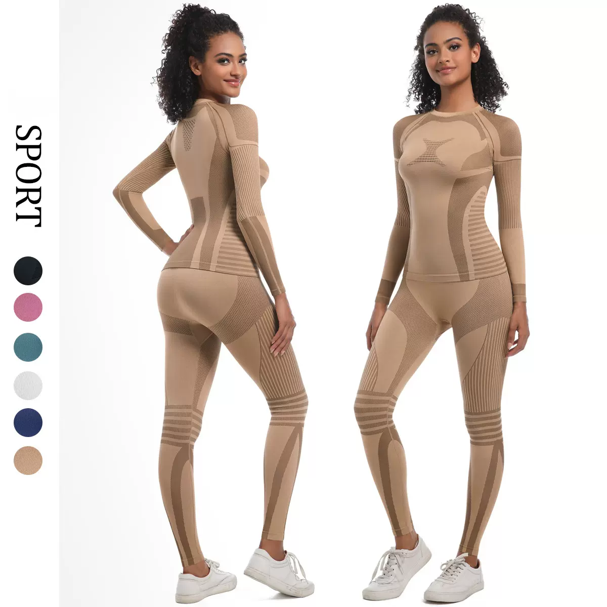 欧美新款紧身无缝瑜伽服透气速干长袖运动滑雪服户外跑步健身套装