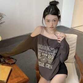 纯棉美式复古露肩链条长袖t恤女夏季宽松显瘦辣妹吊带一字肩上衣