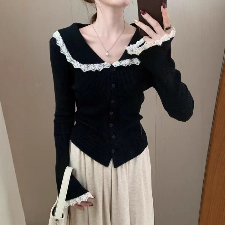 Derong Warm Doll Collar Cardigan Lace Button Long-Sleeved Women's T-Shirt Autumn and Winter New Slim Top Women's Fashion