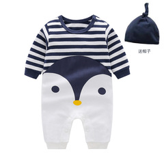 嬰兒可愛卡通連體衣初生秋季長袖企鵝棉質男女童哈衣爬服寶寶春秋