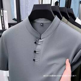 跨境男士2025夏季新款中国风小立领短袖T恤国潮宽时尚前沿百搭