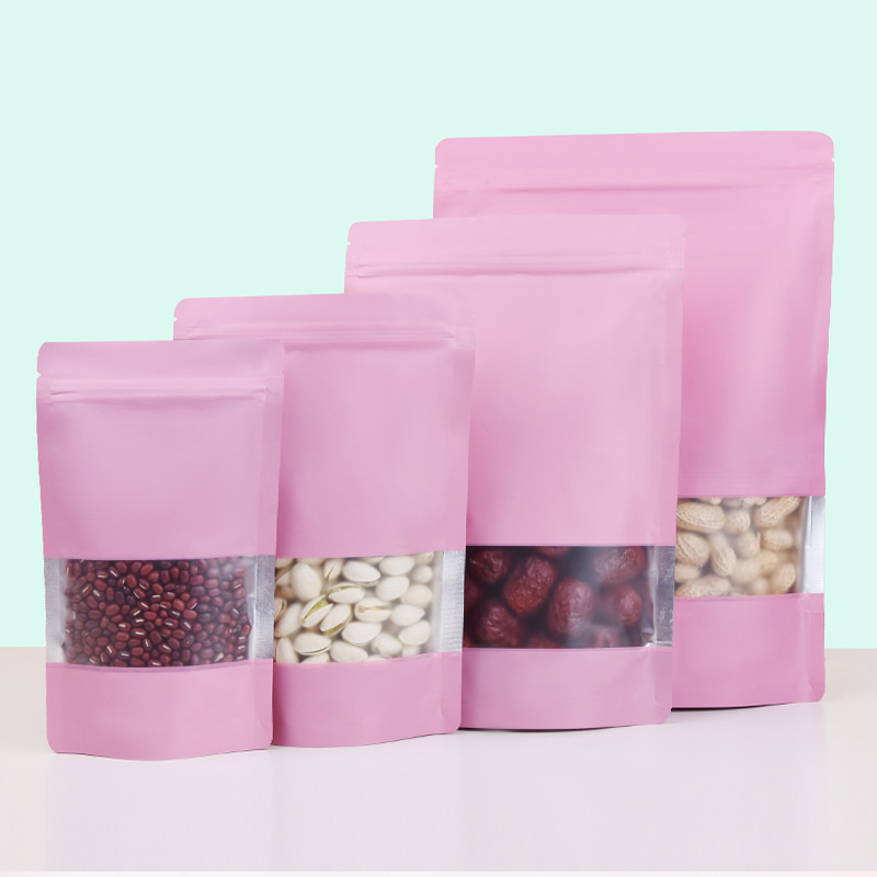 粉色鍍鋁自立自封袋彩色開窗鋁箔袋肉乾話梅零食品密封塑料包裝袋