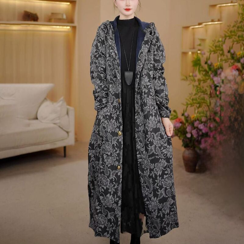 Cotton and Linen Printed Hooded Windbreaker Jacket, Artistic Casual Style, Loose Velvet Thickened Cardigan, New Autumn and Winter Coat