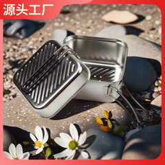 クロスボーダー屋外調理器具304ステンレスキャンプ鍋セット四角いピクニック折り畳み式携帯スープ鍋フライパン