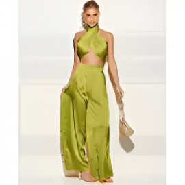 Two-piece suit of bright tube top wide-leg trousers