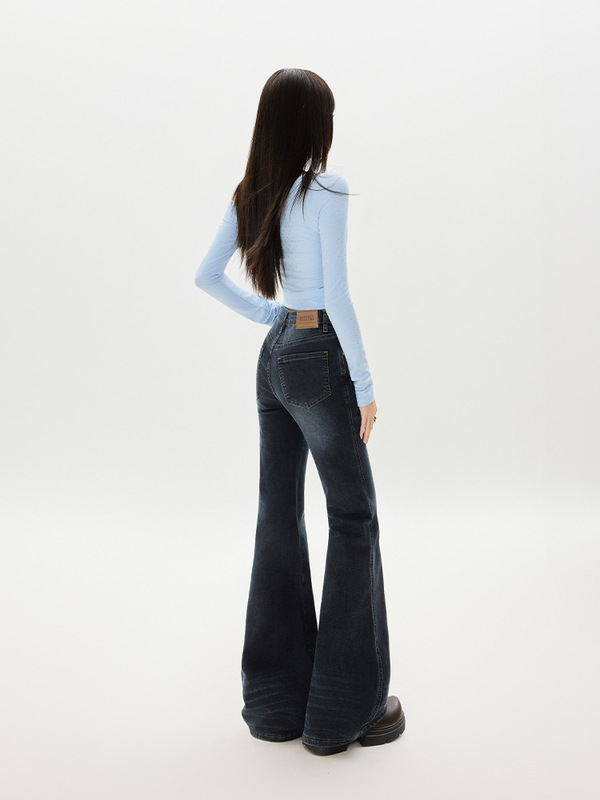 美式深蓝怀旧微喇牛仔裤女2025年秋季新款辣妹高腰显瘦弹力喇叭裤|undefined