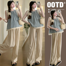 孕妇套装春季新款显瘦牛仔花边拼接上衣+垂感托腹裤小个子孕妇装