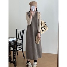 v领毛衣裙女秋冬大码慵懒风长款内搭套头马甲针织背心连衣裙