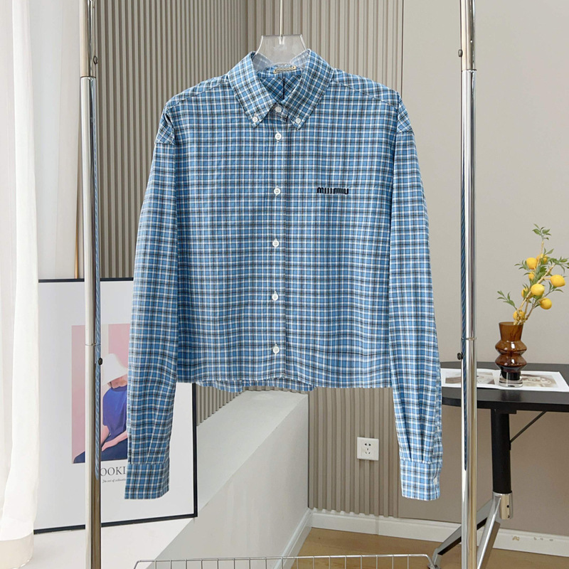Miu Blue Plaid Shirt with Embroidered Letter Stripes 2026S New Versatile Slim-Fit Fashion Short Shirt for Women Miu Blue Plaid Shirt with Embroidered Letter Stripes 2026S New Versatile Slim-Fit Fashion Short Shirt for Women
