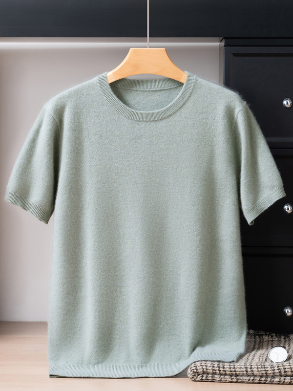 100% Cashmere Short-Sleeved Men's Round Neck Pure Color Knitted T-Shirt Casual Half-Sleeved 2025 Spring & Fall New Style Comfortable and Versatile