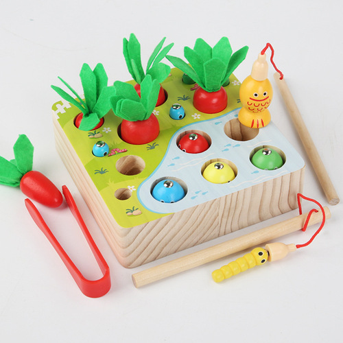 Wooden children's magnetic fun fishing, pulling radish and catching insects game early education hand-eye coordination hands-on educational toys
