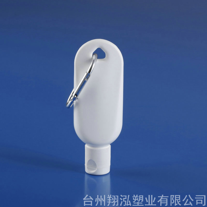 Suministro de fábrica 30ml HDPE material mosquetón gancho botella boca abajo botella gel desinfectante de manos libre botella de transporte