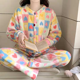 爆款新款秋冬季法兰绒睡衣女长袖加厚保暖珊瑚绒公主风家居服套装