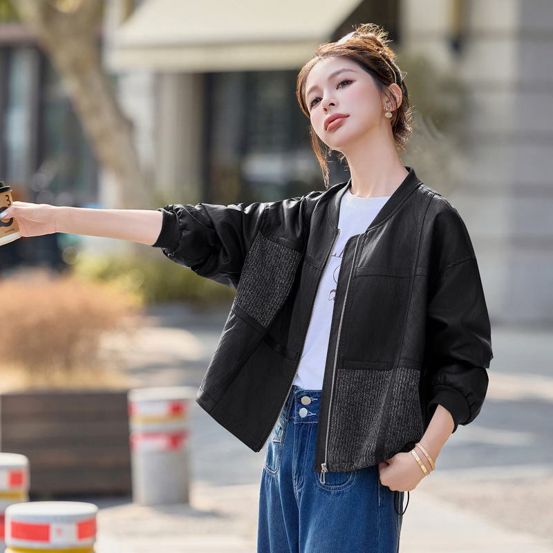 时尚休闲立领皮衣女2025秋季宽松显瘦拼接夹克拉链短外套潮|undefined