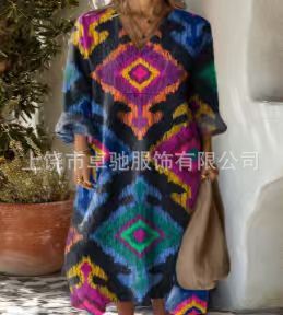 2025新款独立站女式复古花卉艺术图案印花口袋V领口袋连衣裙|undefined