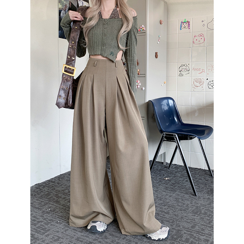 女性のためのハイエンドのドレープグレーのスーツパンツ春の新しいハイウエストストレートワイドレッグパンツカジュアルパンツフロアレングスパンツ|undefined