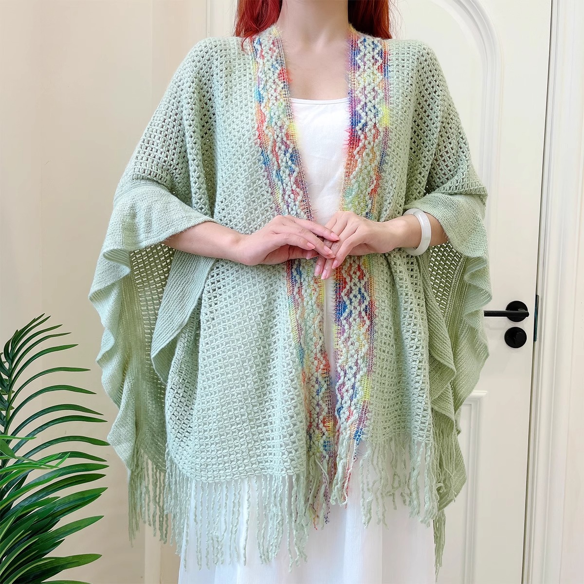Nuevo chal de mujer, tiras de color, suéter de punto, foto de viaje, capa étnica de todo fósforo, capa de todo fósforo, viaje