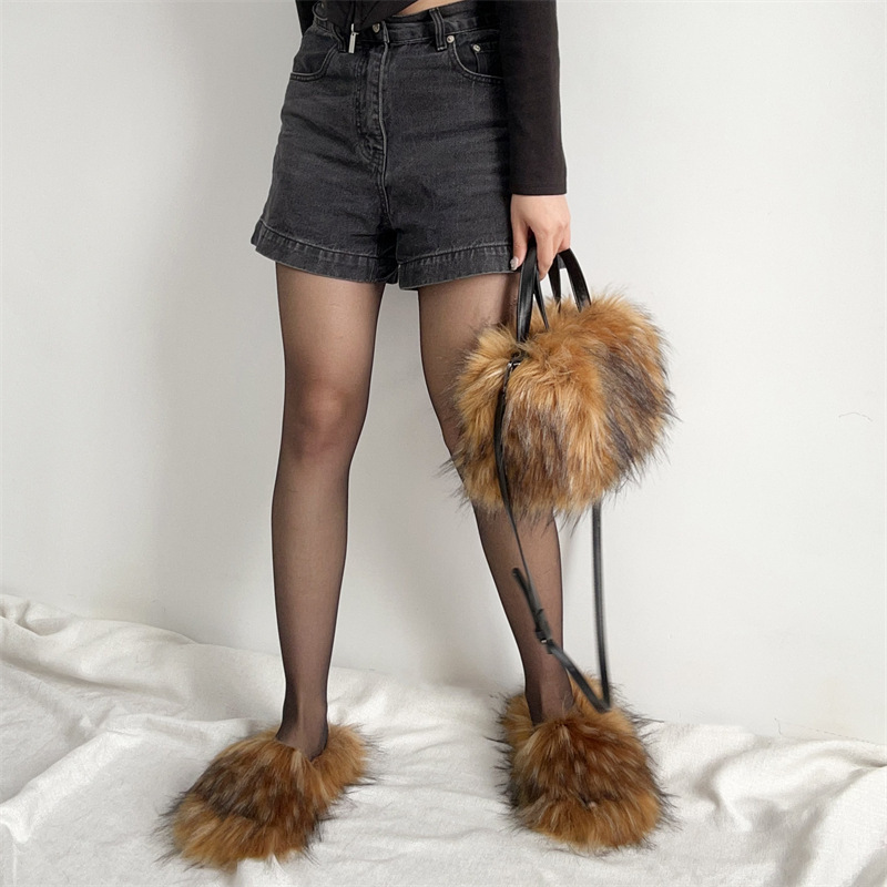 Cross-border foreign trade new European and American style slippers set imitation raccoon fur portable tote bag personalized punk style shoe bag
