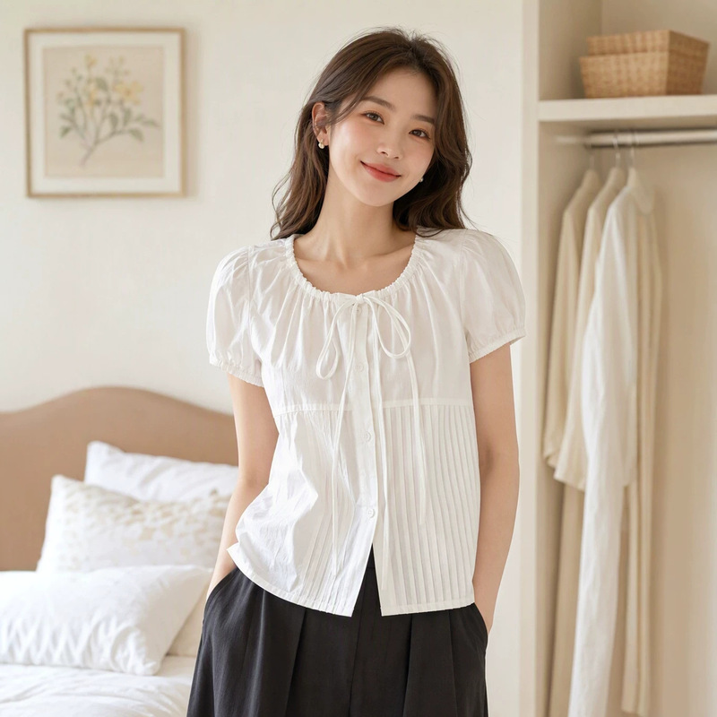 Pure white lace-up single-breasted puff-sleeve short-sleeve top, a lightweight summer shirt that slims the figure and is perfect for petite women, in the trendy Instagram style Pure white lace-up single-breasted puff-sleeve short-sleeve top, a lightweight summer shirt that slims the figure and is perfect for petite women, in the trendy Instagram style