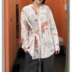 现货 江南系2025秋季宽松复古百搭花卉印花系带休闲V领衬衫女上衣