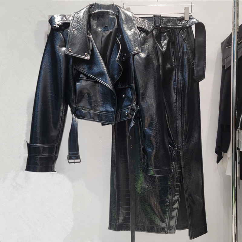 2025 Autumn and Winter Lapel Strap Glossy Motorcycle Style Pu Leather Jacket + Zipper Decorated Skirt Suit Trendy