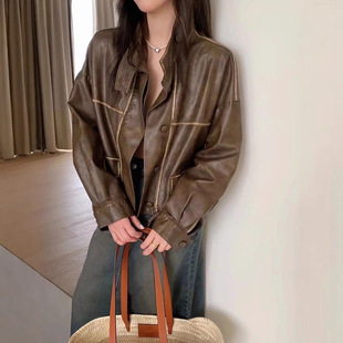 2025年春季新款港风复古PU衣外套女设计感下摆抽绳通勤皮衣夹克潮-阿里巴巴