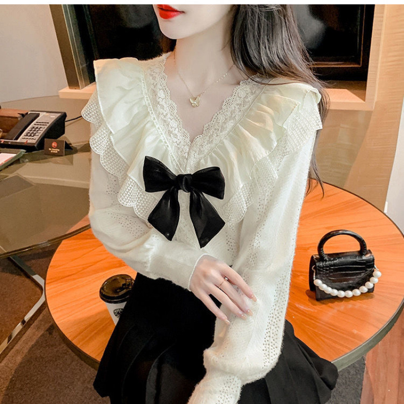 Spring design apricot fleece base lace silk shirt with bow
