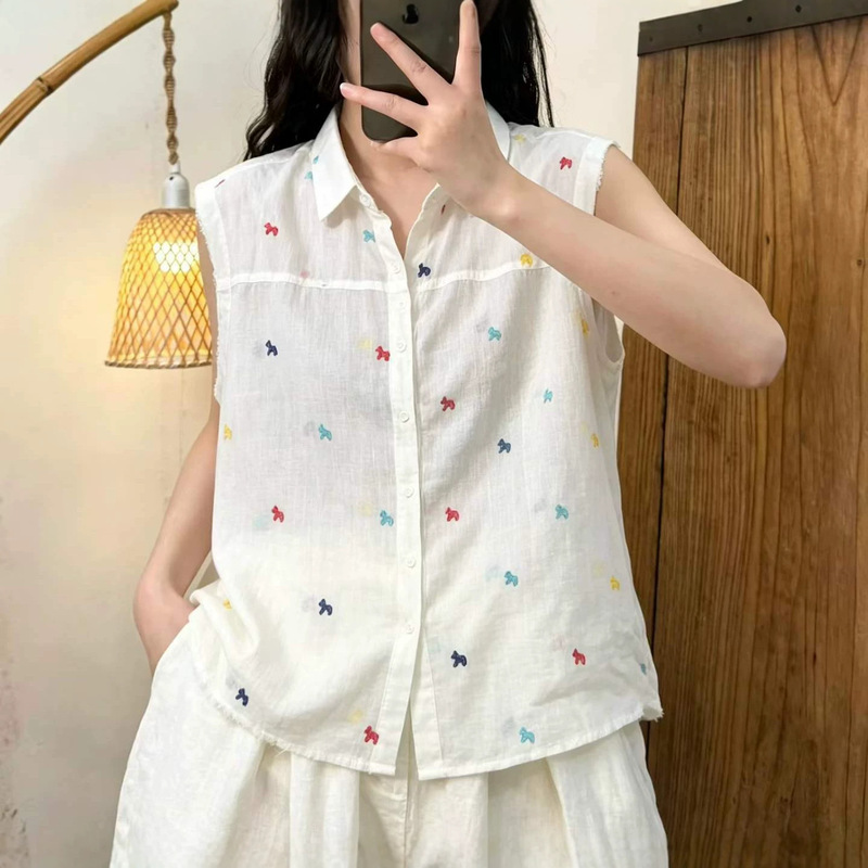 2026 Summer New Style Simple Dog Embroidery Crochet Ramie Shirt Loose Lapel Cardigan Inner Top for Women