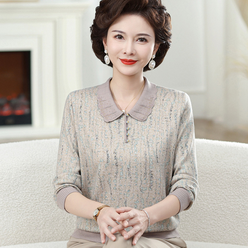 Spring Outfit for Middle-Aged Moms, New Style T-Shirt for Middle-Aged and Elderly Women, Grandma Style, Long-Sleeve, Turn-Down Collar, for Spring and Autumn Spring Outfit for Middle-Aged Moms, New Style T-Shirt for Middle-Aged and Elderly Women, Grandma Style, Long-Sleeve, Turn-Down Collar, for Spring and Autumn