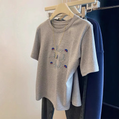 外国貿易特大コード300斤刺繍半袖tシャツ女性2025春夏純綿上着綿綿速売