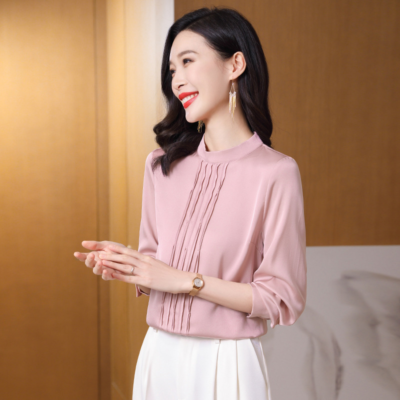 Hangzhou Yellow Heavy Silk Shirt Women's Long-Sleeved 2025 Spring New Elegant Doll Collar Slim Mulberry Silk Top