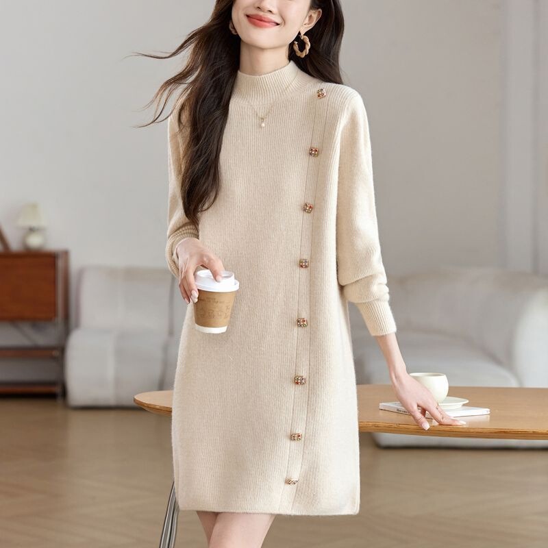 [Yangyang Family] Mid-Length Knitted Sweater Dress for Women, Half-High Collar Sweater, Elegant Inner Layering Sweater Dress
