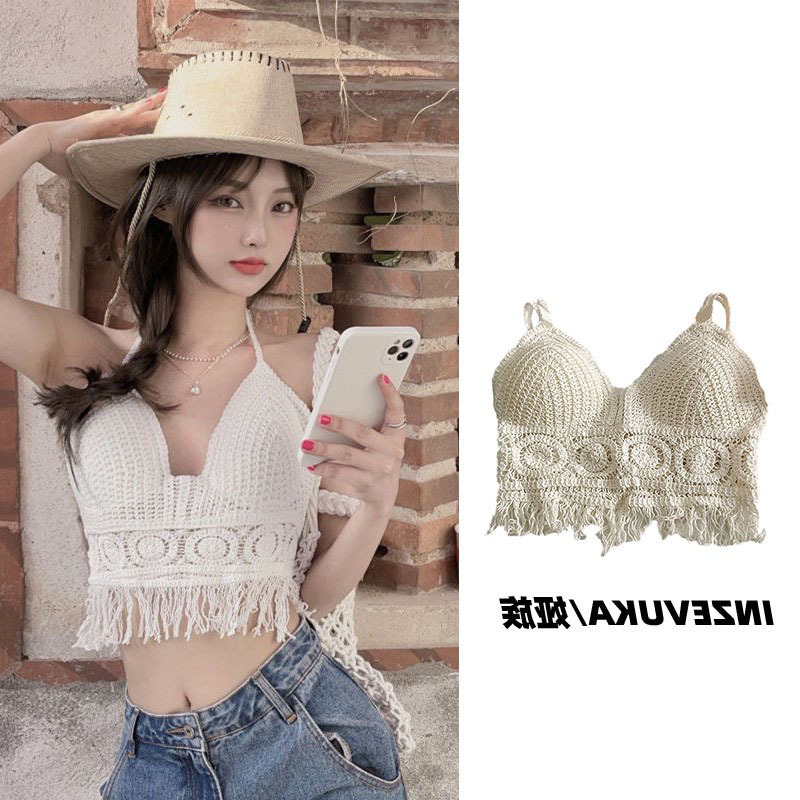Women's Hong Kong Style Summer Travel Wear with Sling Outer Wear Vacation Style Retro Woven Tassel Edge Design Sense Vest Top