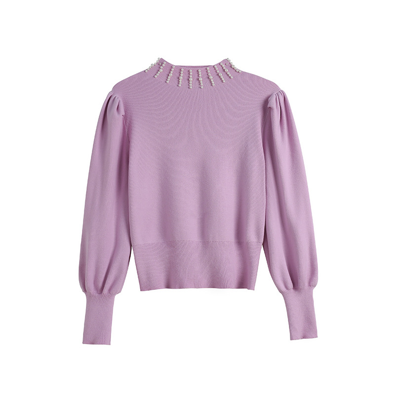 스웨터 커스텀 리얼 샷 겨울 새로운 슬림 핏 롱 슬리브 하프 하이 칼라 비드 버블 슬리브 우아한 니트 탑