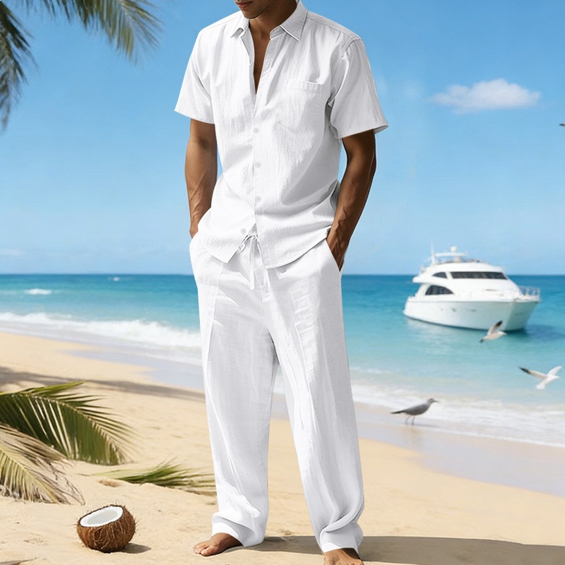 Men's Linen Short Sleeve Shirt And Pants Set, Casual Breathable Two-Piece Outfit For Summer, Relaxed Fit Linen Lounge Set_viptrois.com
