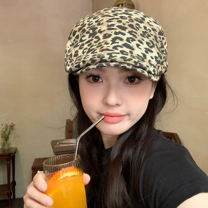 美式复古豹纹前进帽女辣妹风街头时髦大头围显脸小百搭贝雷帽子潮|undefined