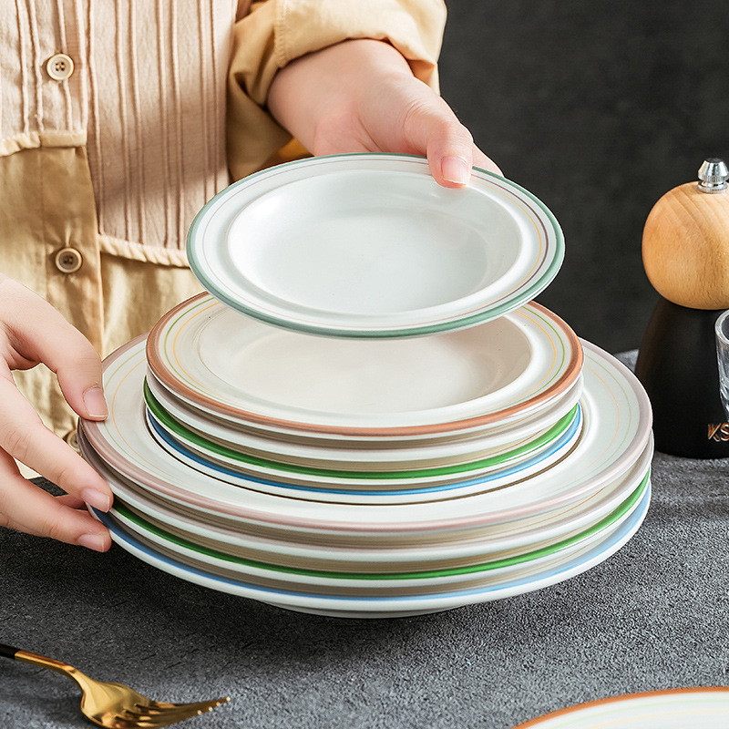 European-Style Minimalist Matte Ceramic Plate with Hand-Painted Edges, Western-Style Dinner Plate, Hotel Restaurant Specialty Dish Plate, Soup Plate, Light Luxury Presentation Plate