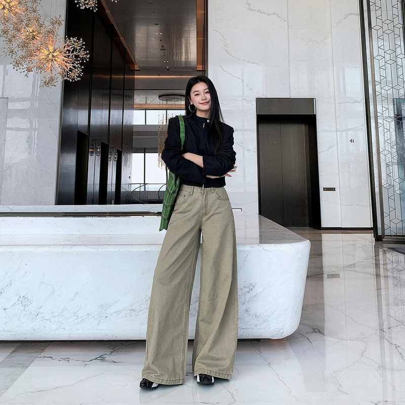 Thirteen Lines Yunheyu 2025 Autumn/Winter New Khaki High-Waisted Slimming Design Loose Wide-Leg Casual Pants for Women