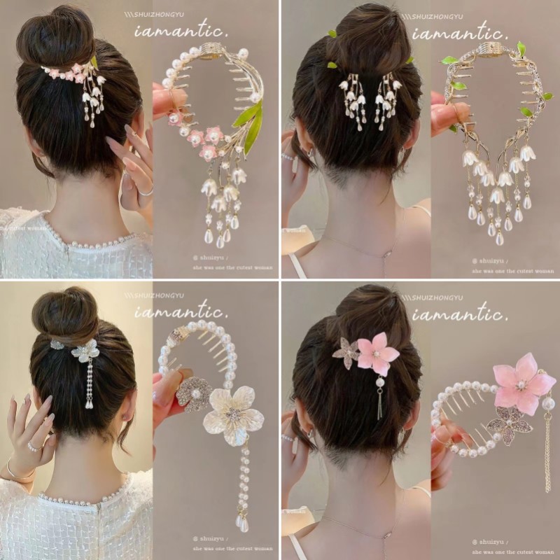 古風鈴蘭流蘇ヘアピン団子の髪飾り女性の高級感バラの髪のフックの気質の半分の髪のクリップ
