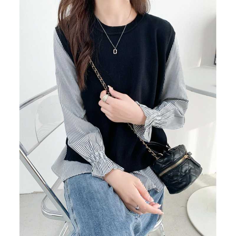 Japanese Lotte South Korea Outer Single Korean Pullover Hair Knitted Shirt Vest Top Simple Shirt suit Two-piece Set