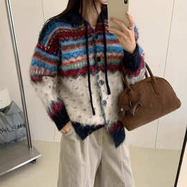复古撞色提花拉毛连帽开衫毛衣女2025秋冬新款宽松慵懒风针织外套
