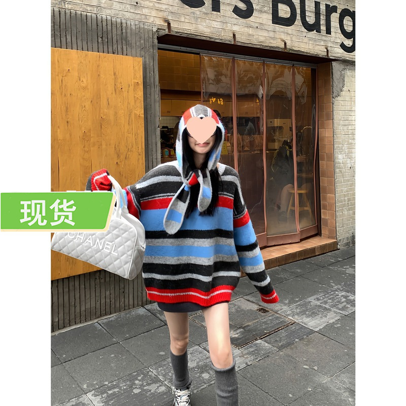 Removable Hooded Striped Sweater for Women Winter Loose Lazy Style Sweater Retro Round Neck Top