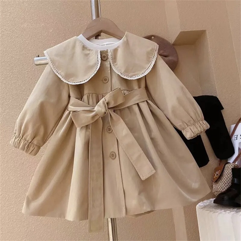 Girls' Khaki Mid-Length Trench Coat 2026 Autumn New Stylish Round-Neck Waist-Cinching Loose Top Jacket for Children