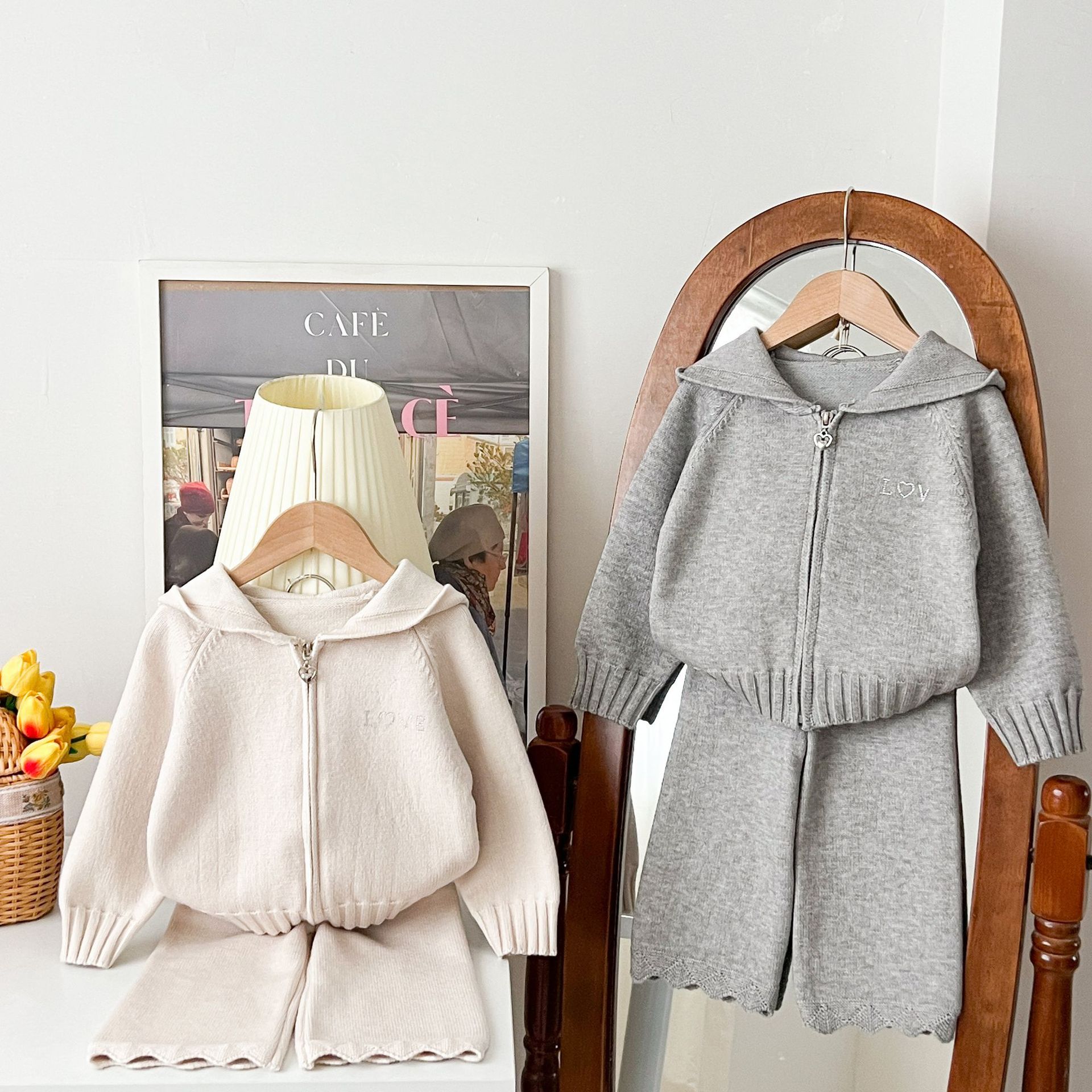Children's Sweater Set, Autumn/Winter New Style, Girl's Hooded Zipper Knitted Cardigan Sweater and Pants, Korean Style, Trendy and Stylish